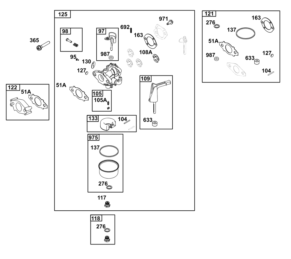 Carburetor Group Diagram and Parts List for 15T232-1850-F1 100000 - 19Z999 Briggs and Stratton Engine
